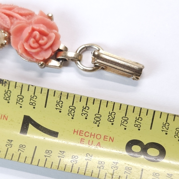 Vintage Carved Celluloid Coral Rose & Faux Pearl Gold Plated Bracelet 7 3/4" - Picture 7 of 7